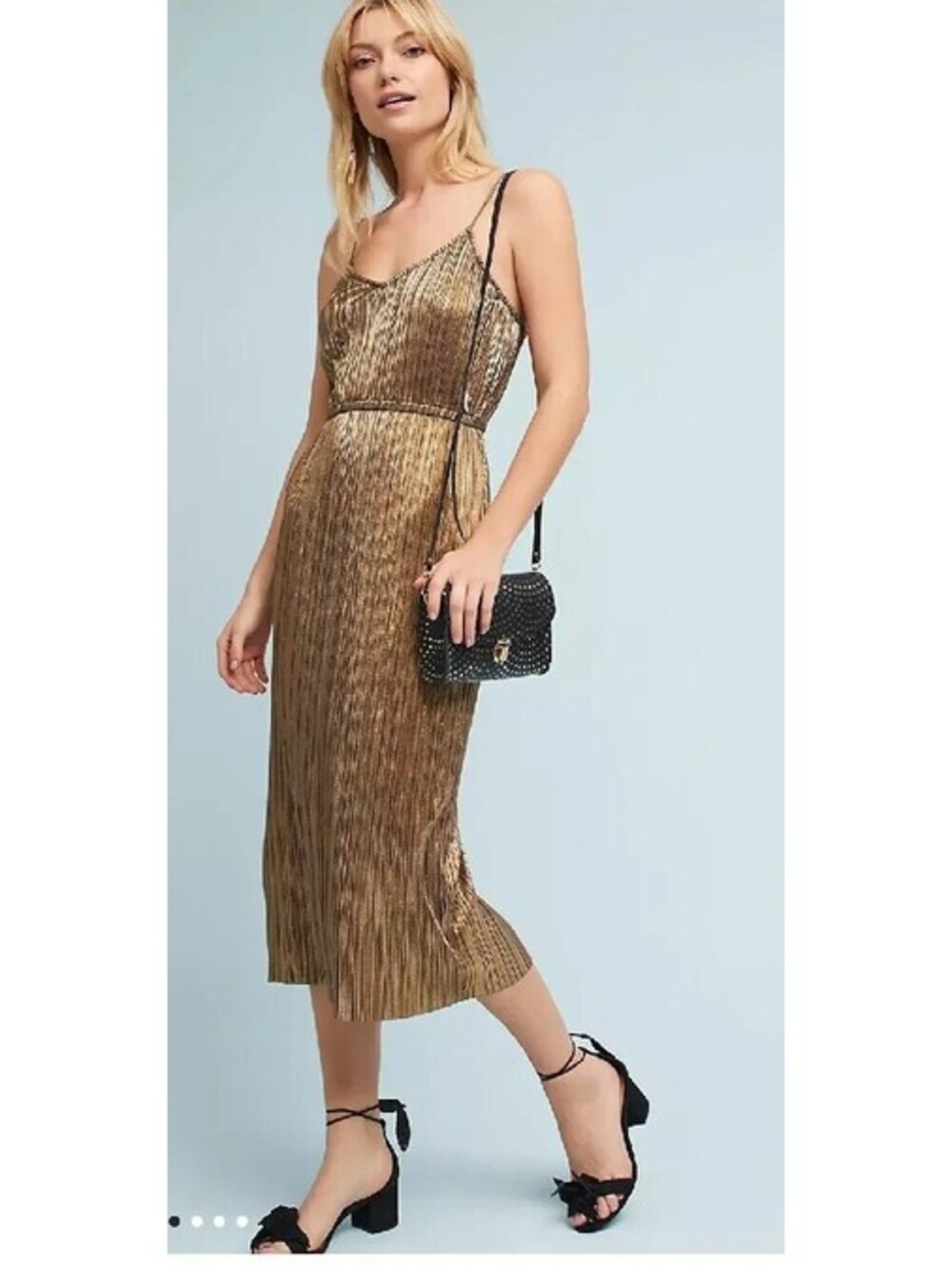 Anthropologie Plenty By Tracy Reese XS Metallic Petite Slip Dress Gold Pleated